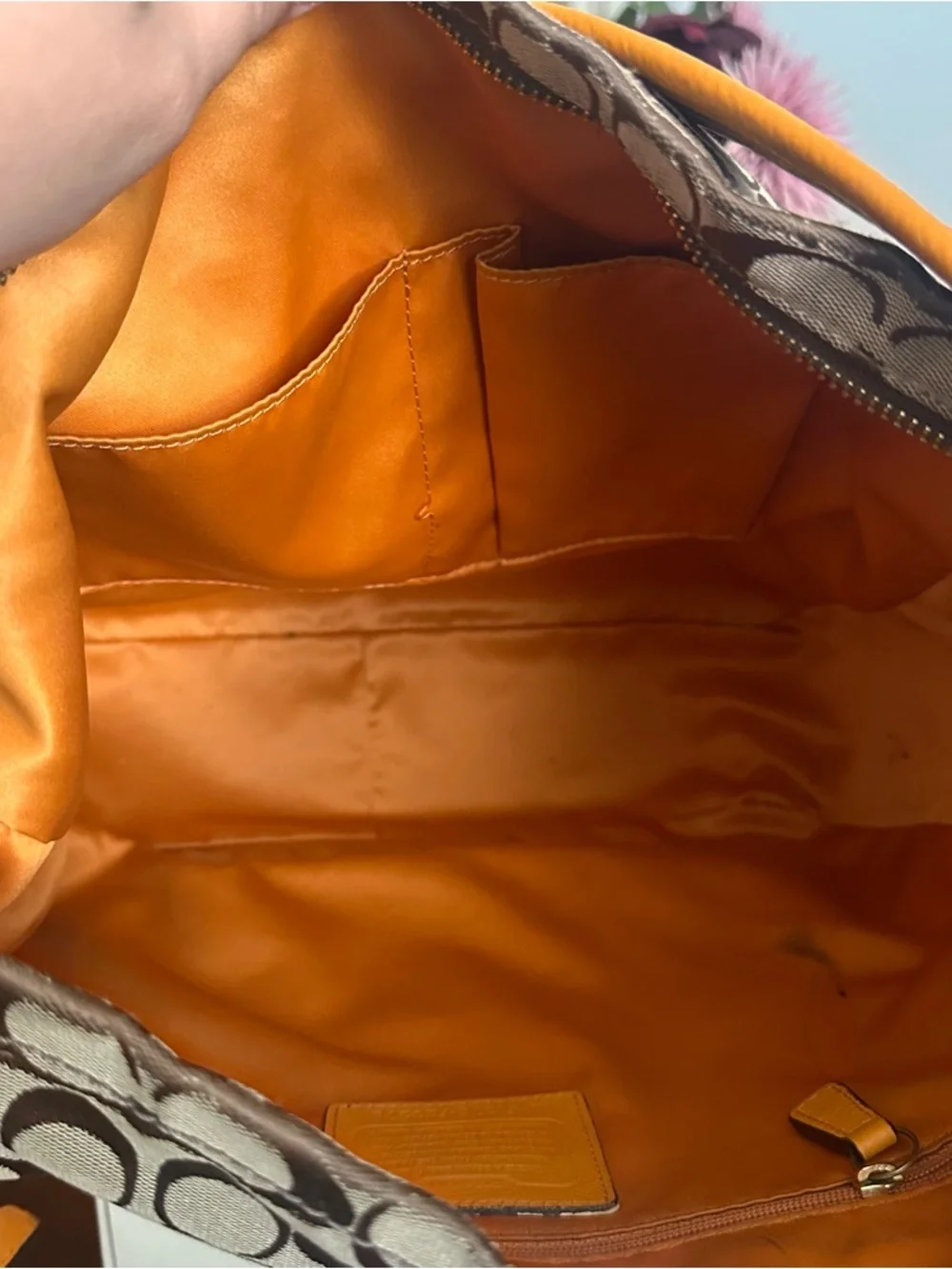 Coach Brown Signature Canvas Hobo with Orange Leather Trim
